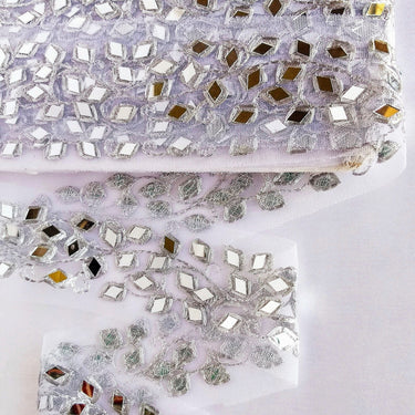 White Net Fabric Lace Trim With Silver Embroidery And Mirror Embellishments, Wedding Trims, Indian - 210119L458